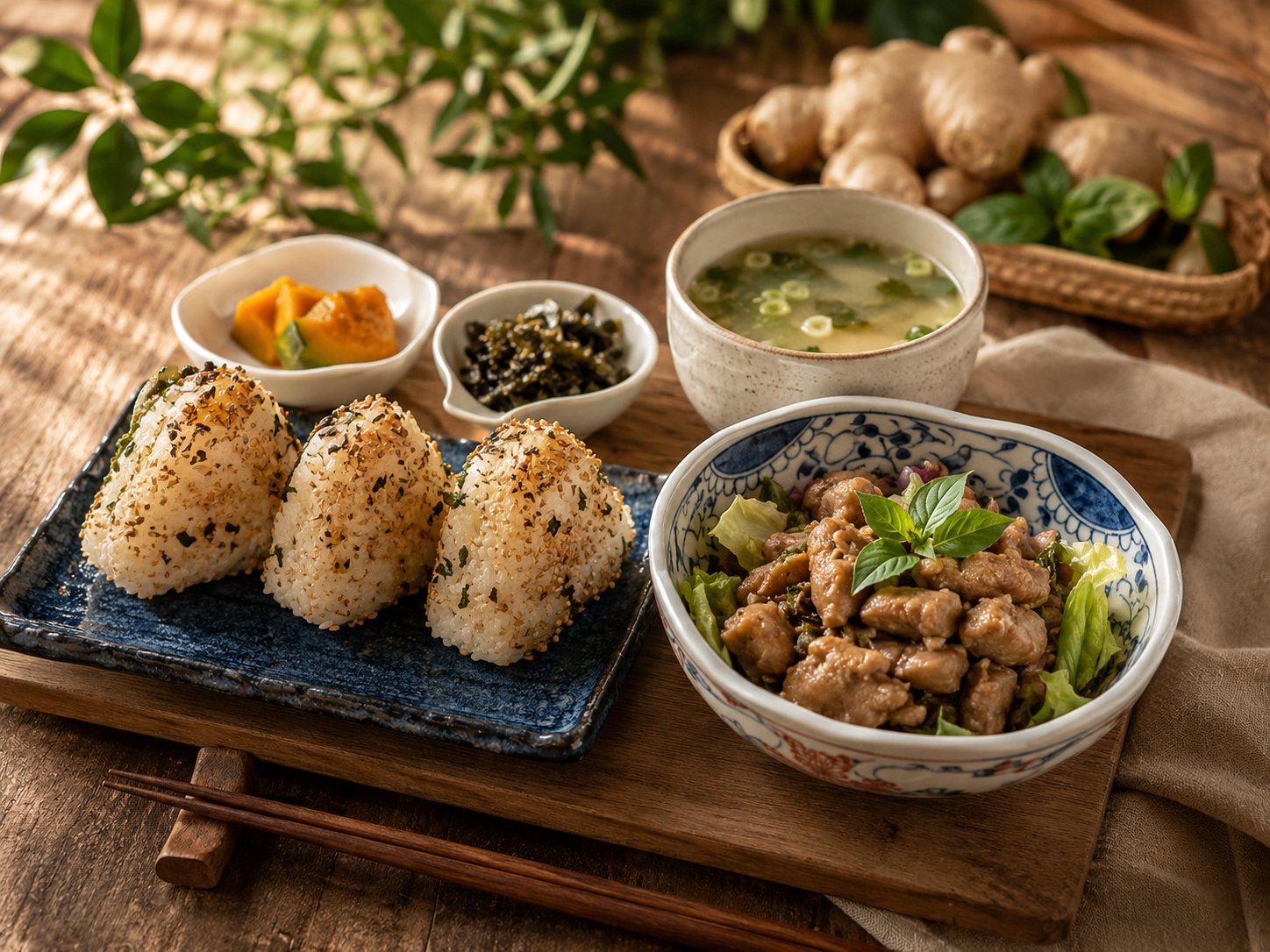 塔香麻油雞丁,配飯糰、味噌湯與小菜
