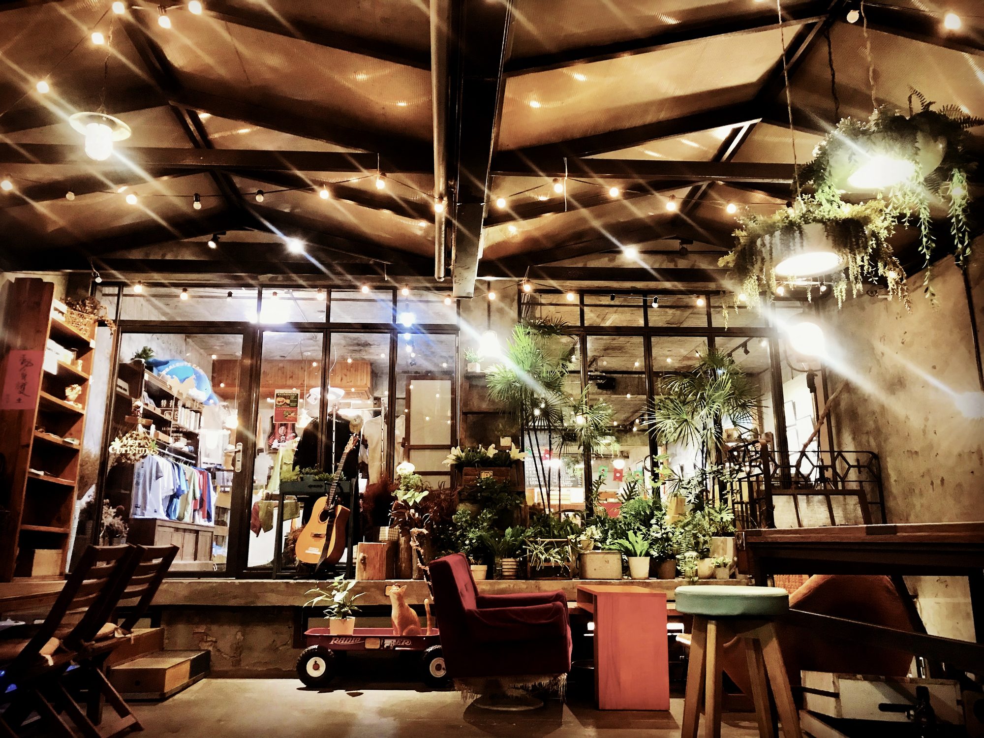 特有種商行夜晚的店內空間，串燈、木桌與電影道具